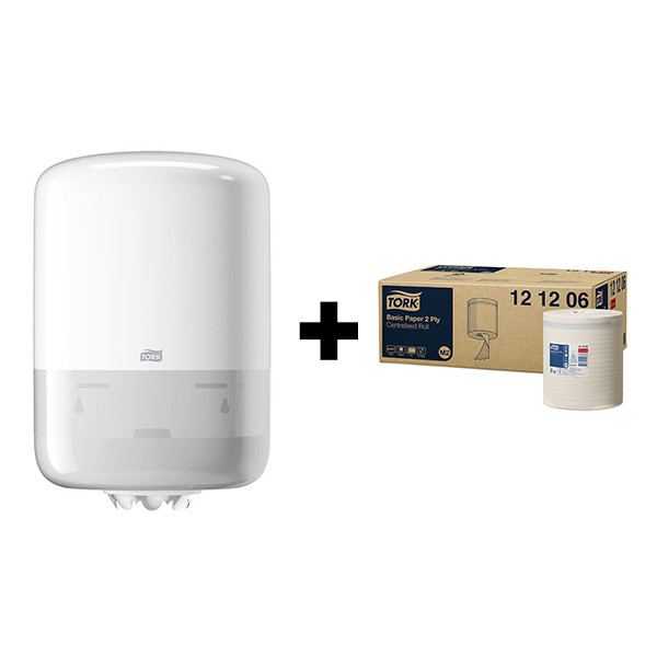 Tork bundel: Tork Mini M2-dispenser Centerfeed 559000 (Wit) + Tork Poetspapier Basic 121206 (2-laags) STO05419 - 1
