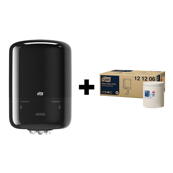 Tork bundel: Tork Mini M2-dispenser Centerfeed 559008 (Zwart) + Tork Poetspapier Basic 121206 (2-laags) STO05420 - 1