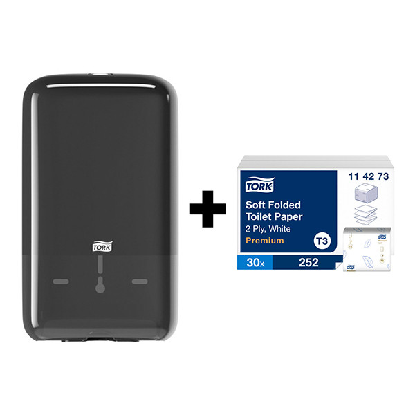 Tork bundel: Tork T3-dispenser 556008 (Zwart) + Tork Gevouwen Toiletpapier 114273 (2-laags) STO05454 - 1