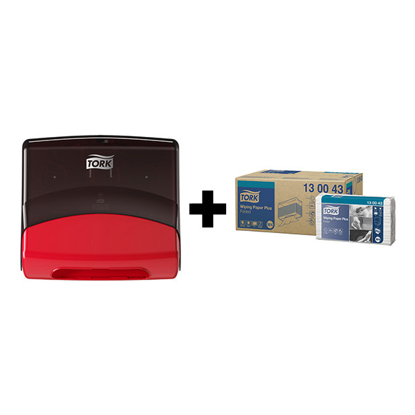 Tork bundel: Tork W4-dispenser 654008 (Zwart/Rood) + Tork Poetspapier 130043 (2-laags) STO05458 - 1