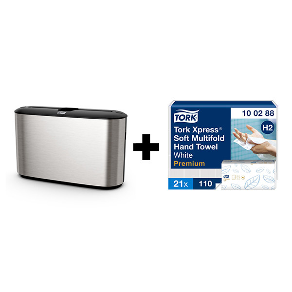 Tork bundel: Tork Xpress® H2-dispenser Multifold 460005 (RVS) + Tork Xpress® Multifold Handdoeken 100288 (2-laags) STO05433 - 1