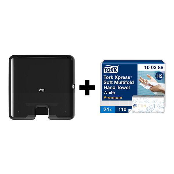 Tork bundel: Tork Xpress® H2-dispenser Multifold 552108 (Zwart) + Tork Xpress® Multifold Handdoeken 100288 (2-laags) STO05431 - 1