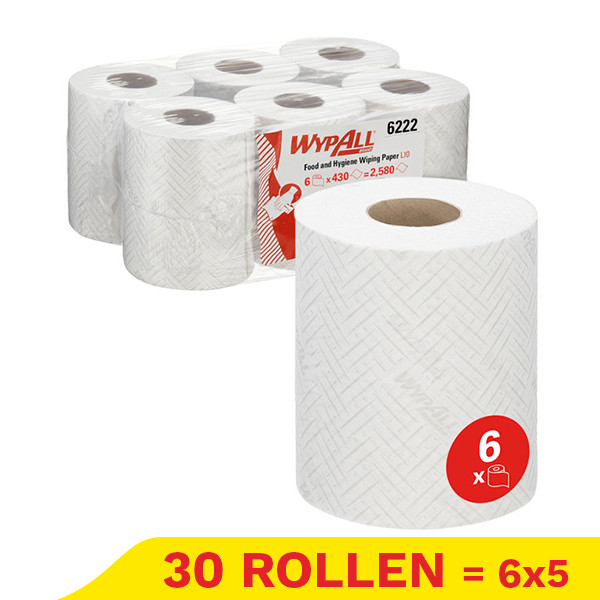 Aanbieding: 5x WypAll L10 1-laags Poetsdoeken 6222 Centerfeedrol Wit (6 rollen) SWY00029 - 1
