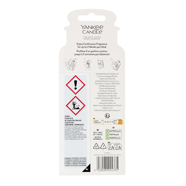 Yankee Candle Car Vent Stick Air Freshener Clean Cotton (4 stuks) SYA00328 - 2